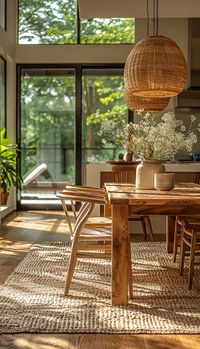 minimalist modern style dining table made from maple placed in a dining room in an American style home in Florida. afternoon sunlight cascades in through large windows. area rug beneath table. photorealistic detail.