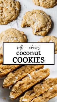 Easy soft and chewy COCONUT COOKIES that everyone will adore! This cookie recipe can easily be modified to be vegan and/or gluten free, and the texture is absolutely perfect. Think of it as a sugar cookie but with coconut -- it's a must-try! #coconut #coconutcookies #cookies