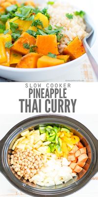 If you’re looking for a flavorful Indian or Thai recipe that also happens to be healthy, vegetarian, but also chock full of flavor, this easy crockpot or slow cooker pineapple thai curry recipe is it! It’s got all the players, pineapple, coconut, chickpea, sweet potato, rice… these stew like recipes make my heart sing! #curry #vegetarian