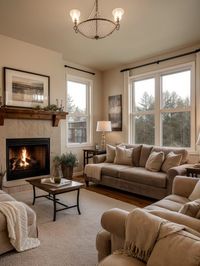 Cozy living room ideas with soft, plush furniture, warm lighting, and a fireplace for a comfortable and inviting space. #LivingRoomIdeas #LivingRoomDesign