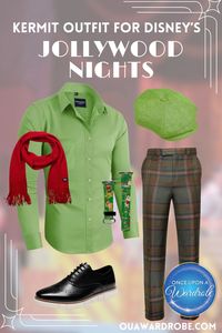 Get ready to stand out at Disney's Jollywood Nights with our Kermit-inspired outfit! This look is just one of 13 magical outfits we’ve styled for the occasion. From options for men and women to couples and besties, our blog covers all the details to make outfit planning easy. Plus, we share essential info to know about Disney’s newest holiday celebration! Click to see all the looks and tips. #JollywoodNights #DisneyOutfits #HolidayFashion #DisneyTips