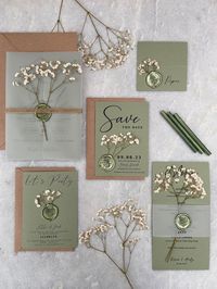 Sage Green Gypsophila Wedding Name Place Cards With Wax Seal - Etsy