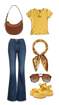 Embrace the retro 70s vibe with this stylish outfit! Our collage highlights a vibrant yellow t-shirt paired with classic high-waisted jeans and chunky platform heels. Perfect for casual outings or themed events, this ensemble captures the playful and bold spirit of the decade. Complete the look with oversized sunglasses and hoop earrings for that quintessential 70s flair. Explore more vintage fashion inspirations on our Pinterest board. #70sFashion #RetroOutfit #VintageStyle #YellowTShirt #HighWaistedJeans #PlatformHeels