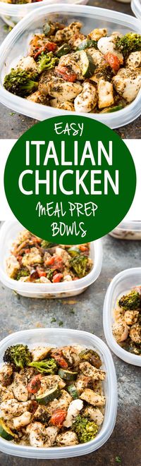 Easy Italian Chicken Meal Prep Bowls: Brown rice, zucchini, broccoli, tomatoes, and red onion, as well as deliciously seasoned chicken all cooked on a sheet pan for low mess, big flavor, meal prep! via @Rachael Yerkes