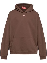 chestnut brown cotton jersey texture appliqué logo classic hood drop shoulder long sleeves front pouch pocket straight hem