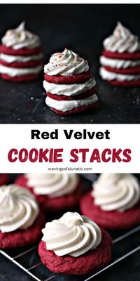 These Red Velvet Cream Cheese Cookie Stacks with Cream Cheese Frosting are a fun way to celebrate special occasions and holidays. #christmascookie #cookie #dessert #holidaybaking #christmasbaking #easy