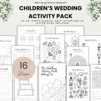 This printable kids wedding activity pack is the perfect solution to keep children entertained during weddings. Packed with a wedding coloring book and a digital kids wedding set, this printable wedding favor ensures a delightful and engaging experience for young guests. This is a digital instant download, not a physical item. ❓What's included: - I Spy - Draw a wedding dress - Wedding word search - Wedding word scramble - Color the pictures - Decorate the tree of love - Decorate the wedding cake - Tic Tac Toe - Wedding alphabet game - Wedding maze - Match the pictures - Count the paper cranes - Decorate the bow tie - Count the diamonds  - Sort the shapes It downloads in 5 sizes: (you get all 5!) - A4 - A5 - US Letter/Happy Big - Happy Classic - Half letter HOW TO ORDER: 🧺 Add to basket. ?