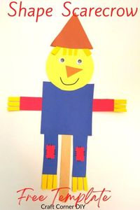 Use the free template to make this shape scarecrow craft with your kids. Easy fall craft for preschoolers, kindergarten, and school age children. Helps teach kids shapes and colors. #scarecrowcraft #fallcraft