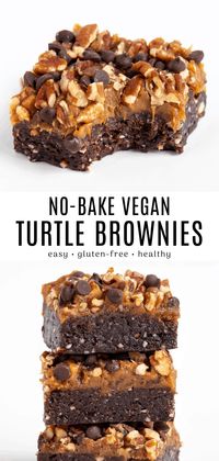 These no bake turtle brownies are an easy dessert recipe! It's vegan, gluten-free, and contains no refined sugar. Enjoy a soft and chewy raw brownie topped with caramel, pecans, and chocolate chips. #fromscratch #easy #vegan #nobake #glutenfree #chocolate #caramel #pecans