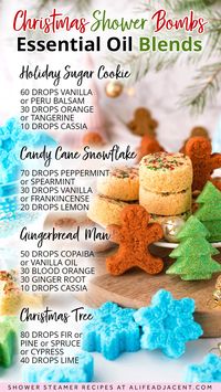 Discover Christmas essential oil blends for shower aromatherapy! Make shower bombs and fizzies in 4 holiday scents with essential oils: peppermint candy cane, holiday sugar cookie, gingerbread man, and Christmas tree scent. Use this handy infographic if you need scent ideas and holiday essential oil blends for festive shower steamers and other DIY bath and body recipes.