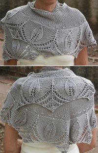 Free Knitting Pattern for Silver Leaves Shawlette - Lace edged shawl with leaf motifs knit bottom up with a stockinette body. Sport weight yarn. Designed by Grace Karen Burns. Available in English and Portuguese.