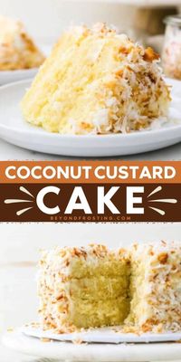 Looking for the best cake recipe from scratch? This Coconut Custard Cake is moist and decadent! It starts with a homemade coconut cake layered with a creamy custard and coated in cream cheese frosting. Pin this simple cake idea!