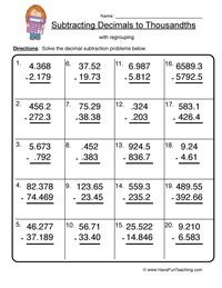 Decimal Subtracting Thousandths Worksheet