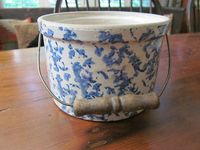 Antique Blue White Sponge Ware Crock With Bail Handle