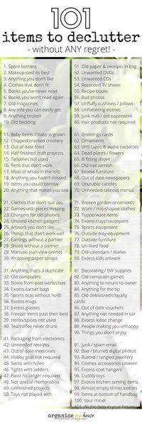 List of 101 items to declutter from your home. Clutter items that you can get rid of right now to make more room for what matters. Decluttering list.