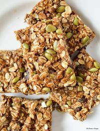 Enjoy a nutritious, vegetarian and gluten free, and portable snack after your next run or hike with these molasses and pumpkin seed no bake granola bars.