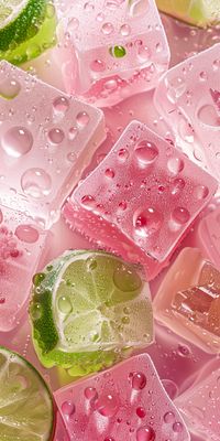 This high-resolution, high-quality image features a closeup of gummy bear ice cubes in pink and green colors, with a lime slice and glistening with water droplets. The background has soft pastel hues, providing a serene ambiance for the candy-themed wallpaper. Presented in a 1:2 aspect ratio.