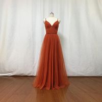 Burnt Orange Tulle Bridesmaid Dress, 2024 Spaghetti Straps Boho