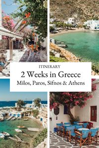 This 2 week itinerary for Greece is perfect for first time visitors, with a few days in Athens, followed by Greek island hopping in the Cyclades islands of Milos, Paros and Sifnos