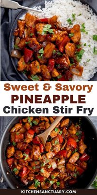 This Sweet & Savory Pineapple Chicken Stir Fry features juicy pieces of chicken, fried up with peppers, onions and pineapple chunks in a simple, sweet and savoury stir-fry sauce. Everything gets added to the wok in stages so it’s easy to prep as you go, without getting in a fluster. Once cooked, turn off the heat and serve over boiled rice. Sprinkle with coriander and serve.