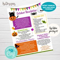 "October PTO PTA Editable Newsletter, October Flyer Template, School Newsletter, Fall Printable Handout, Instant Download This listing is for an Instant Download high-resolution, editable, and printable sign You can try this template before you buy it. Please copy and paste this link on your browser https://www.corjl.com/d/22I4 ♥ What's included Size 8.5 x11 Detailed instructions on how to edit and print the template on Corjl ----------------------------------------- ♥ What you CAN edit - TEXT y