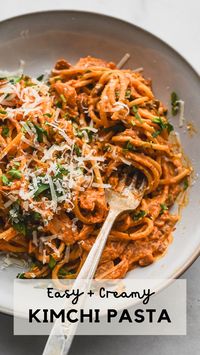 Another easy and delicious 15-minute meal to make at home: Creamy Kimchi Pasta with Bacon! Spicy kimchi adds incredible flavor to a creamy carbonara-style sauce. So fast and flavorful, it will soon become your favorite pantry meal, too!