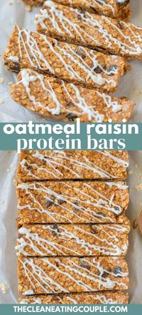 Homemade Oatmeal Raisin Protein Bars are a healthy protein bars recipe that is easy to make! Chewy and delicious - these taste like a cookie! Clean eating, better than store bought and perfect for kids!