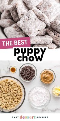 This sweet puppy chow snack mix (also called muddy buddies) is a delicious combo of chocolate, peanut butter, Chex, and powdered sugar.