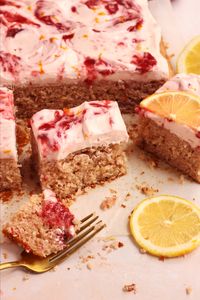 Strawberry Lemon Sheet Cake with Strawberry Cream Cheese frosting made from homemade strawberry compote. This cake is so fresh and delicious!