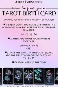 Using the numbers from your date of birth, finding your own birth card in the major arcana of a tarot deck is easy-peasy! designed for tarot beginners to use, the easily to follow steps & examples make it super quick to find your tarot birth card & begin working with it in your daily tarot practice, while also using it for your tarot journal and book of shadows! Follow MoonHaus Studio for more!