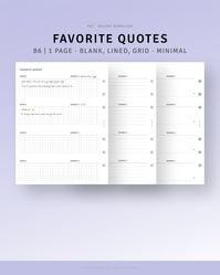 Bible Verses Page, Digital Download, Best Quotes Tracker, Movie Quotes Planner for Positive Mindset, B6 Binder Refill, Wellness Journal, Blank Lined Grid Layout Sheet  [💡MonthlyJoy's Checkpoint!] 𝑭𝒂𝒗𝒐𝒓𝒊𝒕𝒆 𝑸𝒖𝒐𝒕𝒆𝒔 𝑷𝒓𝒊𝒏𝒕𝒂𝒃𝒍𝒆 𝑩6 𝑷𝒍𝒂𝒏𝒏𝒆𝒓 𝑰𝒏𝒔𝒆𝒓𝒕𝒔. This "Favorite Quotes" insert is the perfect way to collect all your favorite quotes and keep them in one convenient place. Whether you're a fan of inspiring quotes from books, movies, or the internet, our insert is designed to capture all those powerful words of wisdom and make them easily accessible whenever you need a little boost.  · 3 Versions layout (Blank, Lined, Grid) · Source, Space for your favorite quote  [📏SIZE] B6 (134 x 177 mm / 5.3 x 7 inches)