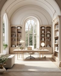 Check out this stunning neoclassical home office design! The smooth and curved lines, arched doorways, and light brown and beige color scheme create a linear and airy feel. #interiordesign #homedecor #office #homeoffice #neoclassical #design #furniture #LeeBroom #attentiontodetail #curvedlines #archeddoorways #lightbrown #beige #linear #airy #workspace #officeinspo #homeofficeinspo #decorinspo