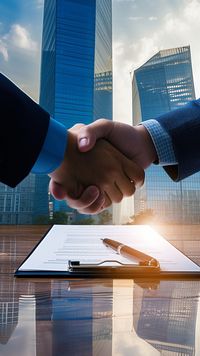 "Corporate #HandshakeAgreement: Two professionals shaking hands over a signed contract atop a sleek table with urban backdrop. #businessdeal #signingcontract #urbanoffice #professionalpartnership #contractagreement #aiimage #corporatevisual #stockcake ⬇️ Download and 📝 Prompt 👉 https://stockcake.com/i/corporate-handshake-agreement_220546_41134"