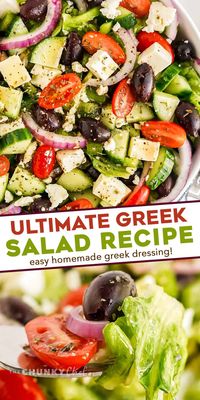 This perfect Greek salad comes together in just 10-15 minutes, and uses a homemade Greek dressing that's so much better than anything from a bottle. Perfect with lettuce or without, it's a delicious summer salad, and a great use for seasonal produce! #salad #greek #homemade