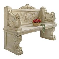 Even a queen would feel quite at home reclining atop the lush curves and sculptural lines of this highly stylized Swan Garden Bench. Full of characteristically Neoclassical touches - sturdy, acanthus-bedecked scroll feet, paired arched winged swans, a balanced shell pediment top, and the graceful scrollwork mimics on the intricately sculpted backrest - this substantial bench makes a strikingly beautiful architectural statement indoors or out. Hand-cast in quality heavyweight resin with crushed s