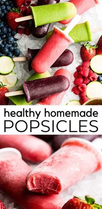 This Homemade Fruit Popsicle recipe is an easy, healthy and refreshing summer treat or snack!  These popsicles are made with only 5 ingredients including fresh fruit and vegetables, in 5 minutes (plus freezing time)! Make a variety of flavors by using different combinations of fruits, juices, and yogurts! A great healthy dessert to enjoy after a day of fun in the sun! #popsicles #fruitpopsicles #homemadepopsicles #healthydessert #popsiclerecipe