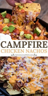 Loaded campfire nachos, with shredded chicken and hummus, are a cheesy delicious camping meal everyone will love. Easy recipe with all the best toppings! #adventuresofmel #campfirefood #campingrecipes #nachos #campingmeals