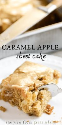 Caramel Apple Cake is a moist apple sheet cake glazed with a thick layer of caramel icing  ~ a favorite fall apple dessert and so easy to make! #easy #recipe #applecake #sheetcake #caramelfrosting #caramel #fall #baking #dessert #appledessert