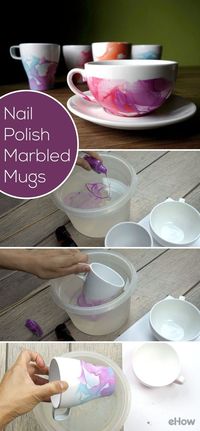 A whole new meaning to nail polish art! Did you know you can make marbled mugs using nail polish and water? So beautiful and easy to DIY, you'll make so many of these in one afternoon. http://www.ehow.com/how_12343816_diy-nail-polish-marbled-mugs.html?utm_source=pinterest.com&utm_medium=referral&utm_content=freestyle&utm_campaign=fanpage