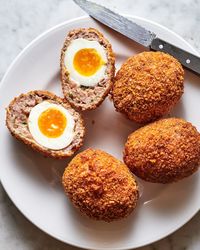 a platter of scotch eggs