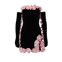 Our Mimi Mini Dress is an old style with a modern twist made in stiff Black Velvet with Pink Duchess Satin ruffle detailing along the trim of the dress and across the bust. This style comes with matching long opera Gloves.   Model wears a size UK8. Due to the delicate nature of our fabrics and trimmings all products are dry clean only.