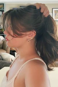 curtain bangs hair haircut brunette hair #brunettebalayagehair #hairgrowth new hair layers blowout hair 90s blowout Hair inspo Curtain bangs balayage highlight #hair #darkbrownhair #hairstyles earrings piercings