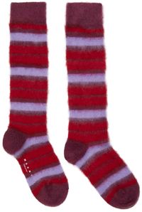 Mid-calf knit stretch mohair and virgin wool-blend socks striped in red, pink, and purple. Rib knit cuffs. Logo printed in white at sole. Supplier color: Red