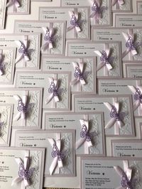 "Lavender Butterfly Baptism/ Christening Invitation and envelopes They are all made to order so the number of pieces available 1 - 12. For more invitations - just select the number of the invitations at the dropdown menu \"Quantity\". :) Customize these unique invitations during the ordering process with your own colors and wording. Double layered invitation Size - app. A6 - 105mm/140mm or 4.1\"/ 5.5\" Made from pearlescent cardstock 285gsm, so it has a beautiful shimmer Embossed Individually di