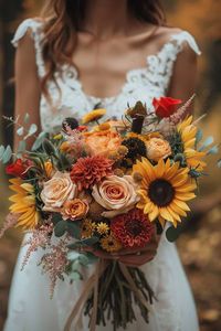 Sunflowers And Rose Wedding Bouquets: 20 Inspiring Ideas •