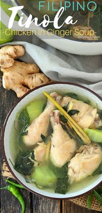 A simple everyday Filipino soup that is very healthy and flavorful.  This Tinola recipe is made with chicken, ginger, garlic, onion, fish sauce, chayote, red chili leaves, and with lemongrass.| www.foxyfolksy.com #recipe #filipinofood #chicken #foxyfolksy #ginger