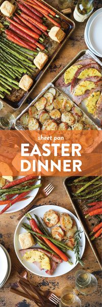 Sheet Pan Easter Dinner - Pineapple ham, scalloped potatoes, lemon garlic asparagus, honey roasted carrots, and fluffy mile-high biscuits on TWO SHEET PANS!