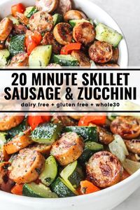 Throw together this quick skillet dinner when you need a healthy and satisfying meal in a hurry! You'll love this perfectly seasoned mix of sausage, zucchini, peppers, and onions. Whole30 compliant, dairy free, gluten free -- and extra delicious!