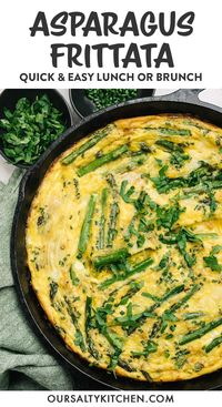 Asparagus Frittata is an easy to make meal that's perfect for brunch, lunch, and meal prep. It's naturally low carb and gluten free and packed with nutritious real foods. Ready in 30 minutes, this recipe is make ahead friendly and only requires a handful of simple, fresh ingredients. Make it your way with parmesan, goat cheese, or feta. Perfect for Easter Brunch and Mother's Day. #easterbrunch #mothersday #lowcarb #eggs #brunch