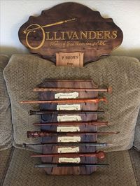 Harry Potter wand display I made for my dad. He makes the wands to spec by hand out of hardwood.